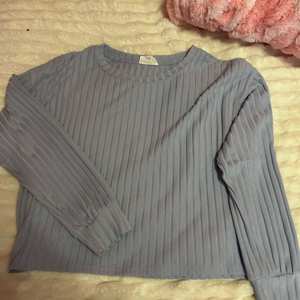 Pink Rose Ribbed Long Sleeve Sweatshirt - Light Blue